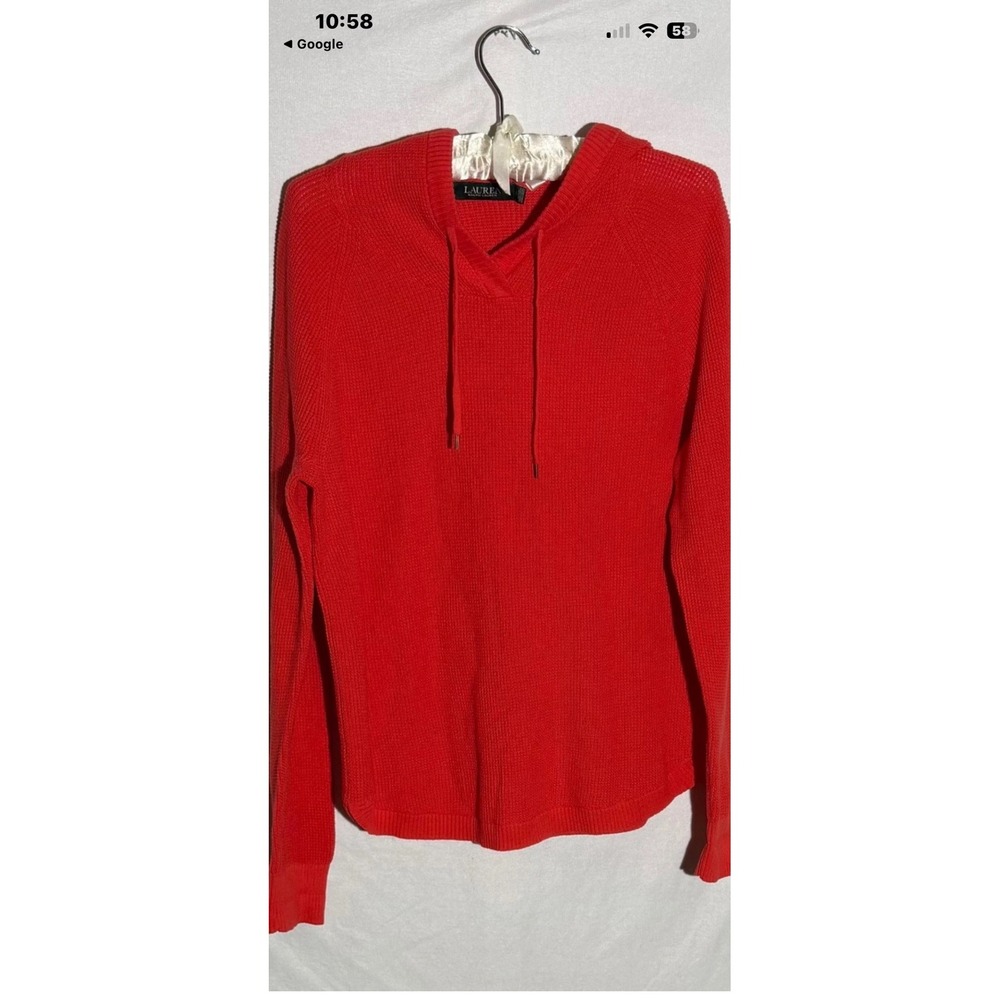 Lauren Ralph Lauren Womens Red Waffle Knit Pullover Sweater Cowl neck LRL Logo